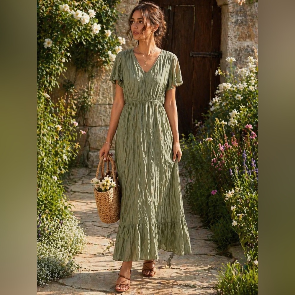 Silk Blend Crinkle Maxi Dress S Angela Moda